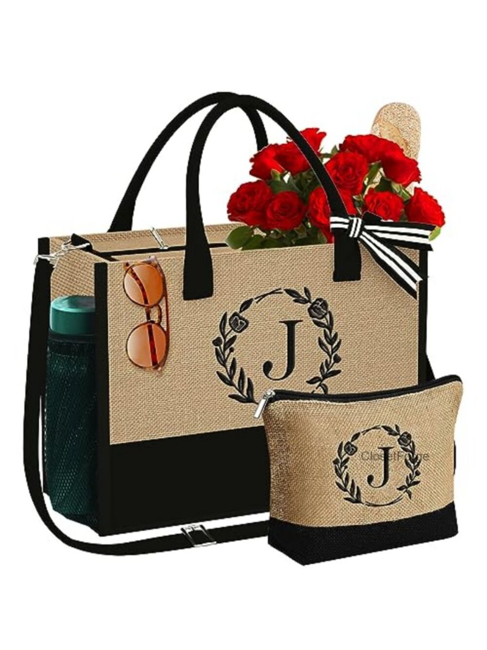 Personalized Jute Tote Bag with Makeup Bag, Monogram Embroidery, Adjustable